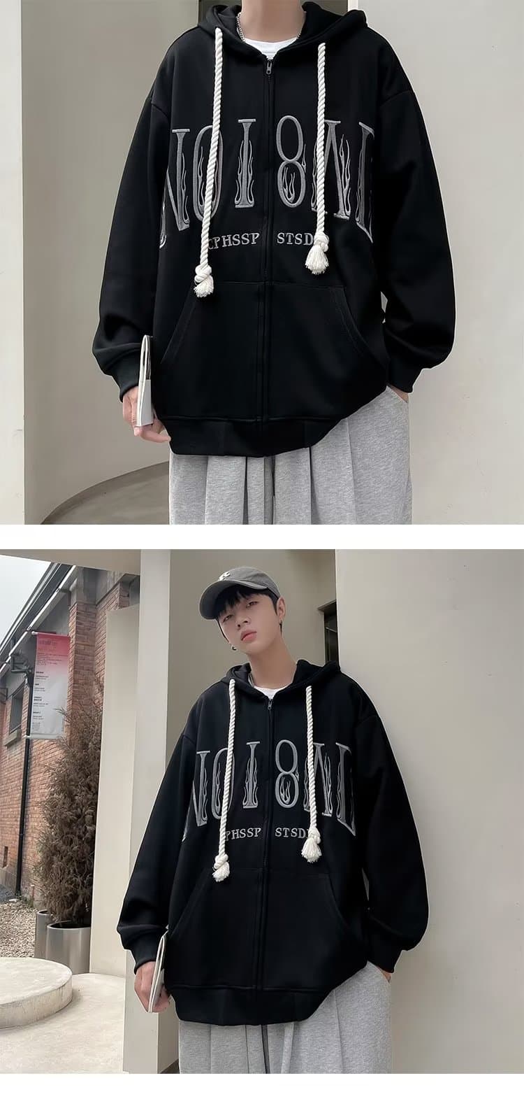 봄 가을 오픈 가디건 후드티 ins 항구 바람 일본식 자수 재킷 조수 브랜드 루즈핏 커플 민소매 후드 재킷 남녀 상세 이미지 4