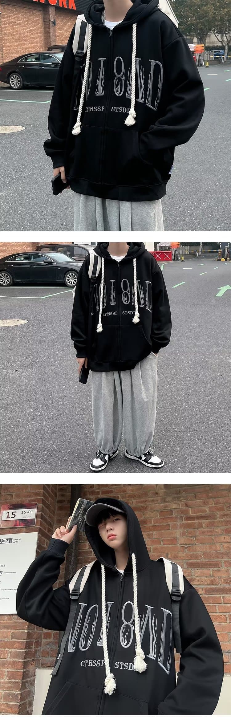 봄 가을 오픈 가디건 후드티 ins 항구 바람 일본식 자수 재킷 조수 브랜드 루즈핏 커플 민소매 후드 재킷 남녀 상세 이미지 5