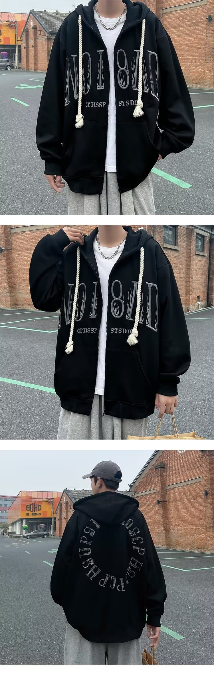 봄 가을 오픈 가디건 후드티 ins 항구 바람 일본식 자수 재킷 조수 브랜드 루즈핏 커플 민소매 후드 재킷 남녀 상세 이미지 6