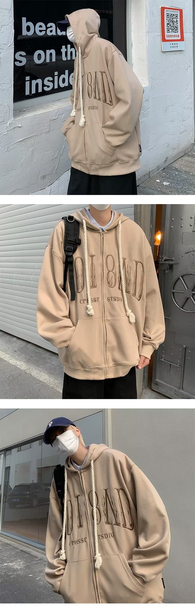 봄 가을 오픈 가디건 후드티 ins 항구 바람 일본식 자수 재킷 조수 브랜드 루즈핏 커플 민소매 후드 재킷 남녀 상세 이미지 8