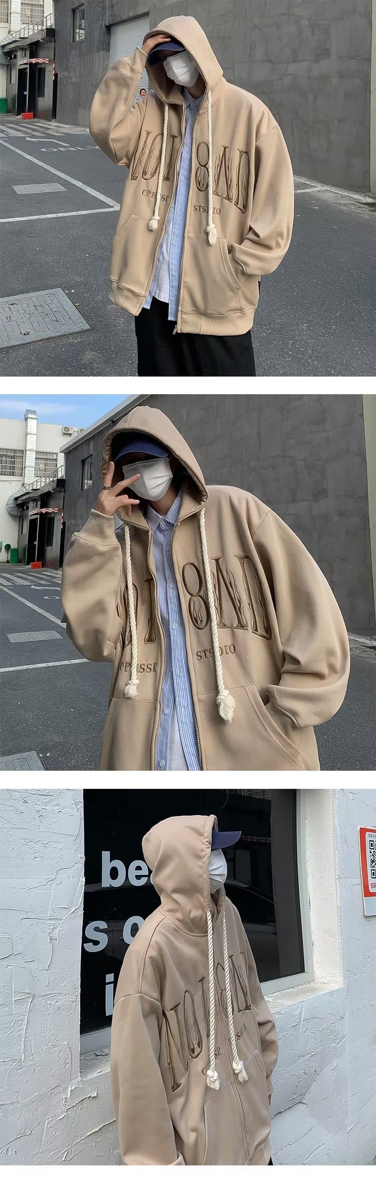 봄 가을 오픈 가디건 후드티 ins 항구 바람 일본식 자수 재킷 조수 브랜드 루즈핏 커플 민소매 후드 재킷 남녀 상세 이미지 9