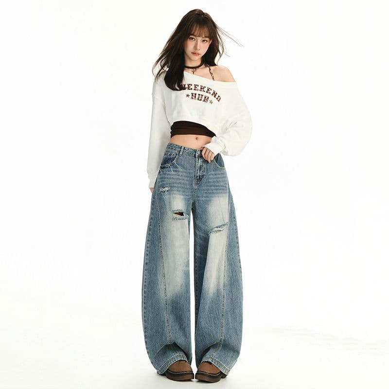 아메리칸 레트로 워싱 마 오래된 찢어진 부분 모통이 칼 청바지 높음 거리 봄 가을 악당 잘 생긴 넓은 다리 바닥 청소 도루 센스 바지 아이들 상세 이미지 3