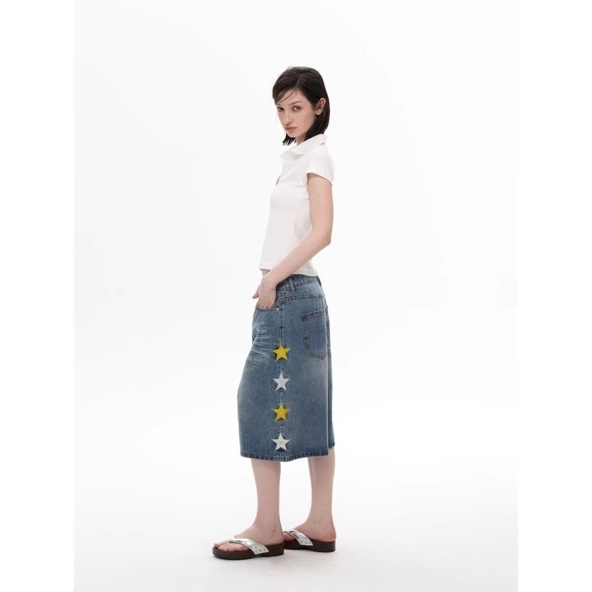 아메리칸 레트로 별 자수 데님 7부 바지 남녀 여름 조수 브랜드 루즈핏 다용도 캐주얼 넓은 다리가 짧다. 바지 상세 이미지 3