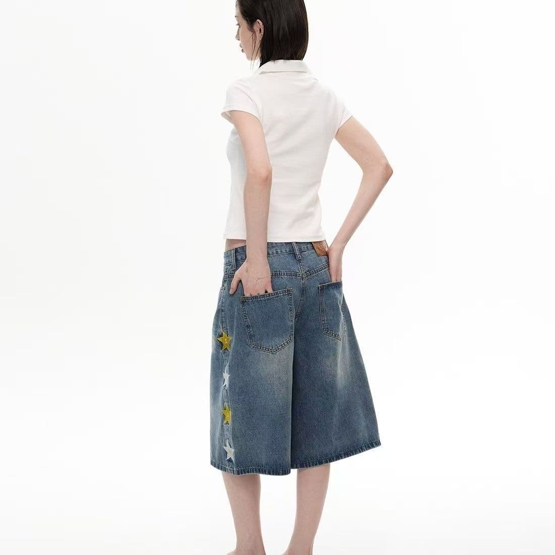 아메리칸 레트로 별 자수 데님 7부 바지 남녀 여름 조수 브랜드 루즈핏 다용도 캐주얼 넓은 다리가 짧다. 바지 상세 이미지 4