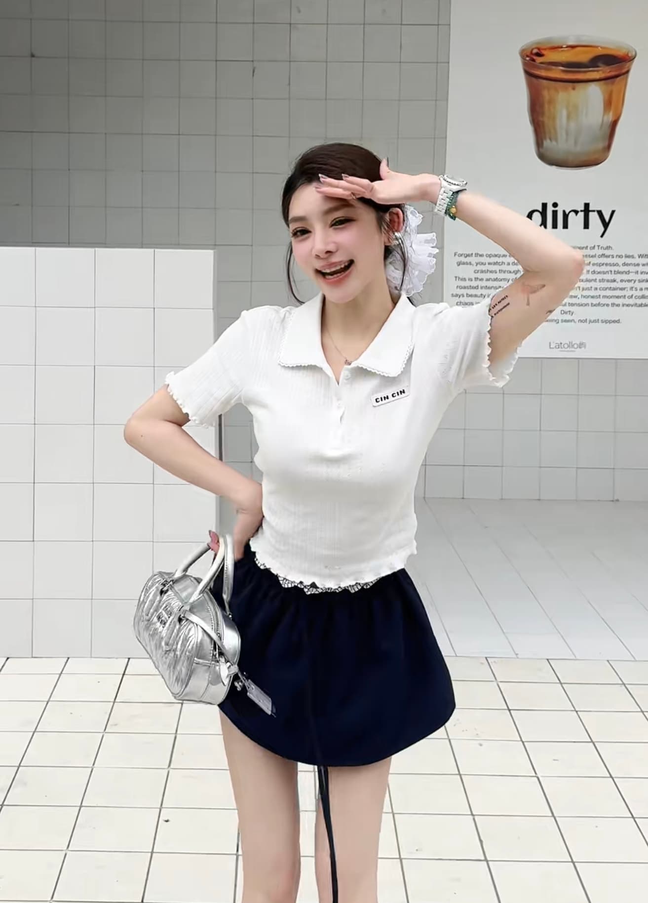 원본 선적 원 유안 학원 스타일 V넥 순수한 욕망 티셔츠 여성 천 금빛 바람 맨위 꽃밭 치마 반신 치마 세트 상세 이미지 4