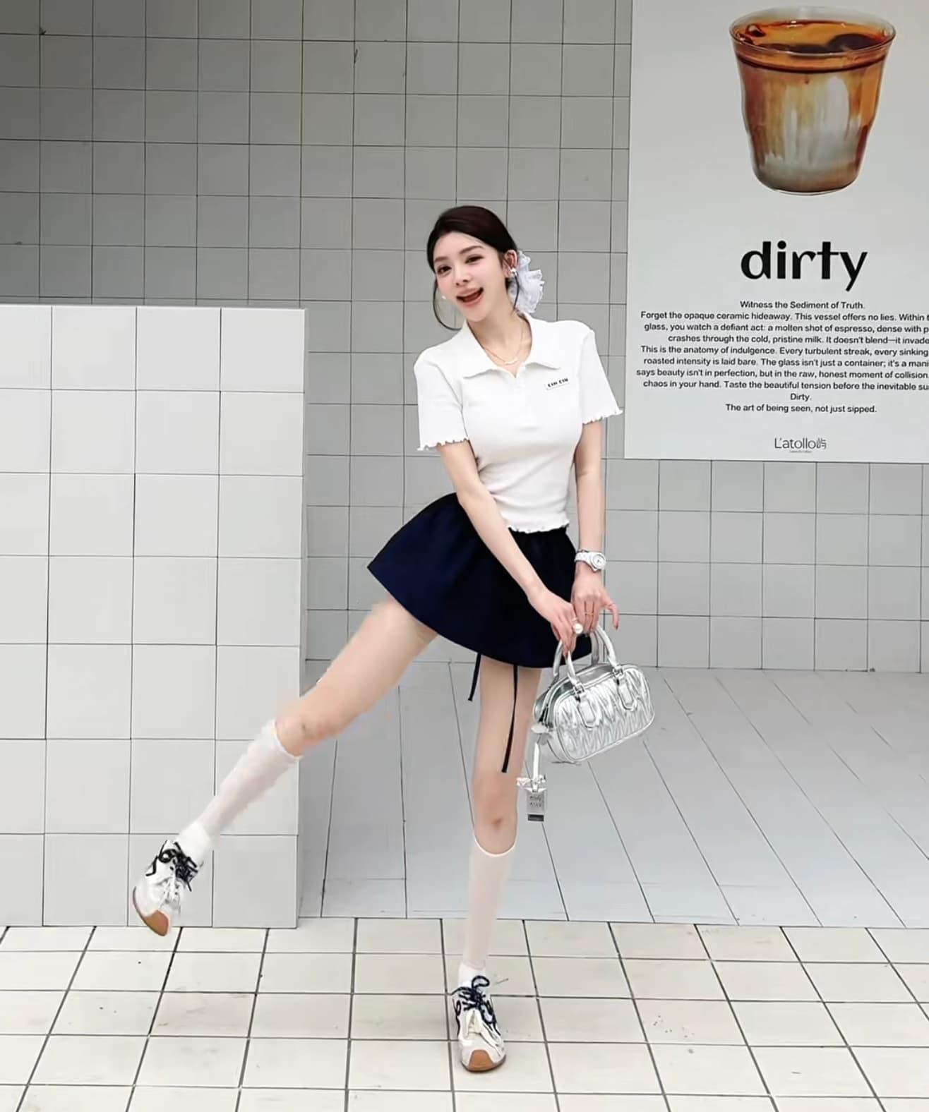 원본 선적 원 유안 학원 스타일 V넥 순수한 욕망 티셔츠 여성 천 금빛 바람 맨위 꽃밭 치마 반신 치마 세트 상세 이미지 6