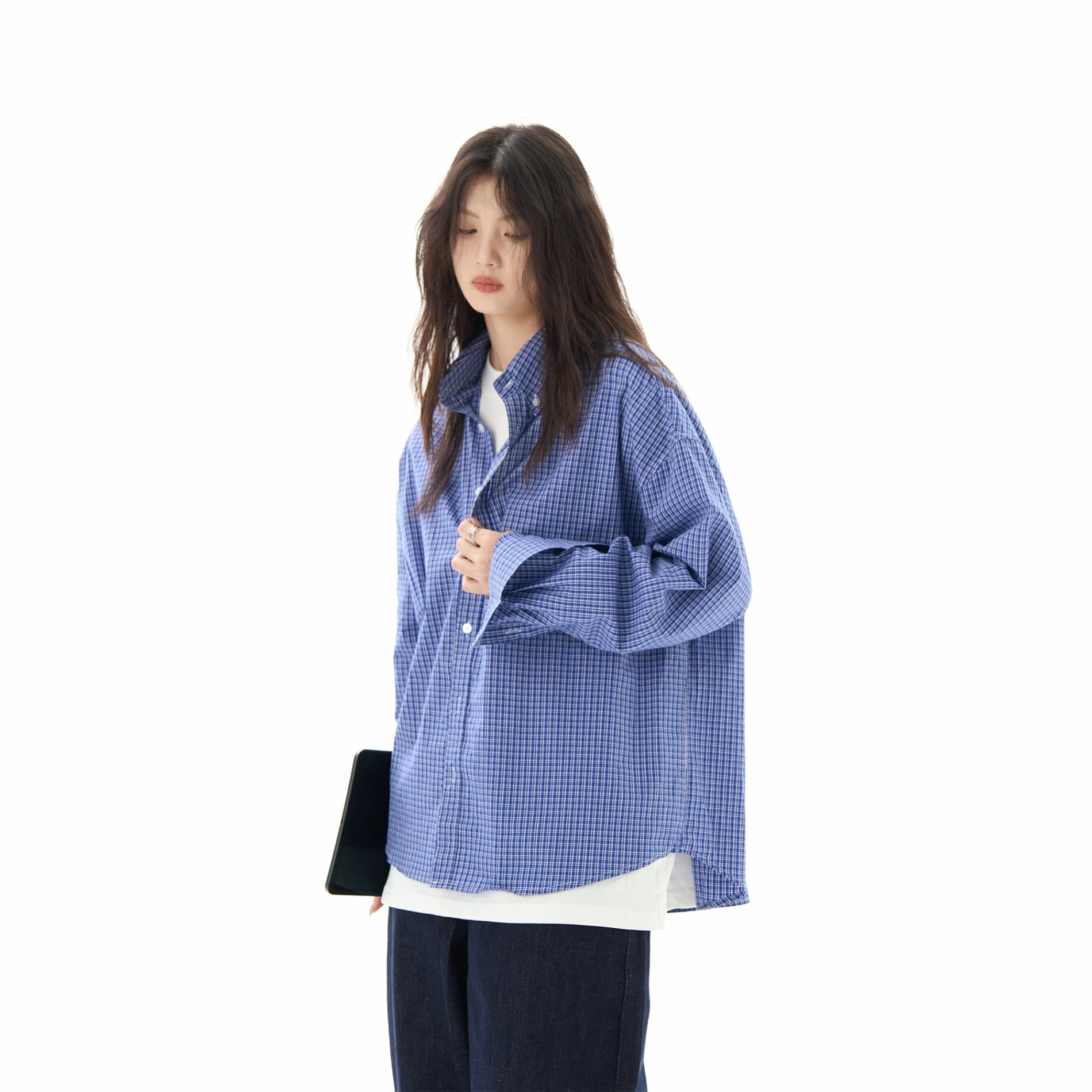 아메리칸 레트로 커플 파란색 체크무늬 싱글 줄 버튼 긴팔 셔츠 남녀 셔츠 캐주얼 루즈핏 POLO 칼라 맨위 상세 이미지 1