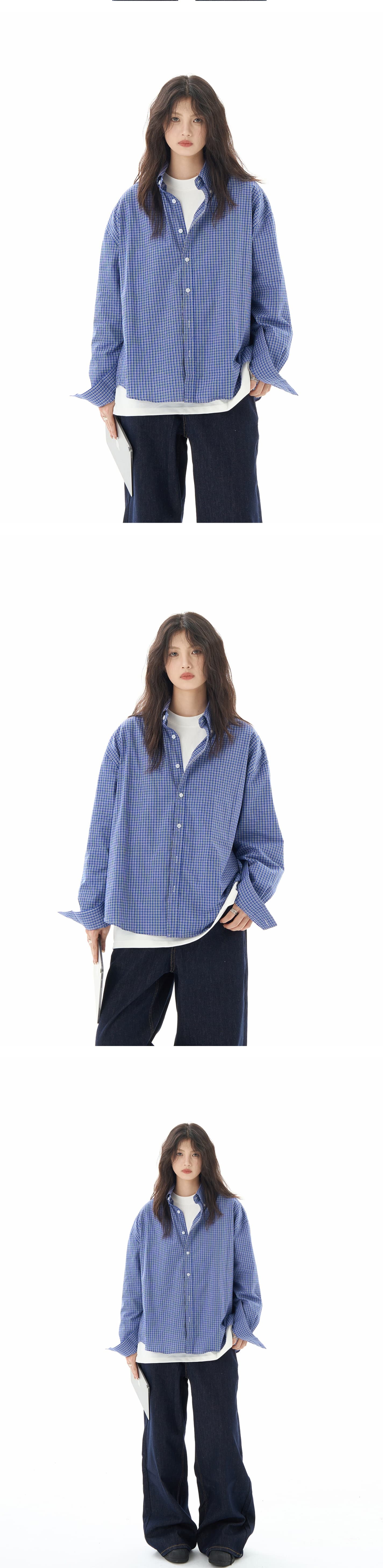 아메리칸 레트로 커플 파란색 체크무늬 싱글 줄 버튼 긴팔 셔츠 남녀 셔츠 캐주얼 루즈핏 POLO 칼라 맨위 상세 이미지 6
