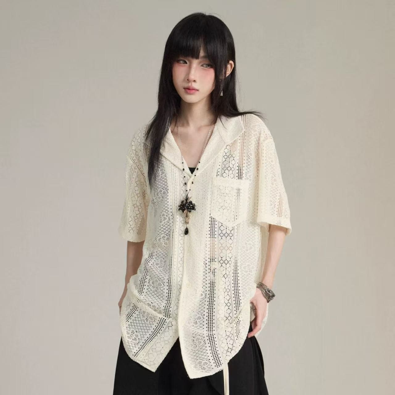 한국 chic 여름 레트로 다용도 정장 칼라 레이스 자수 자수 루즈핏 다용도 홀로우 아웃 반팔 여성 셔츠 이미지 3