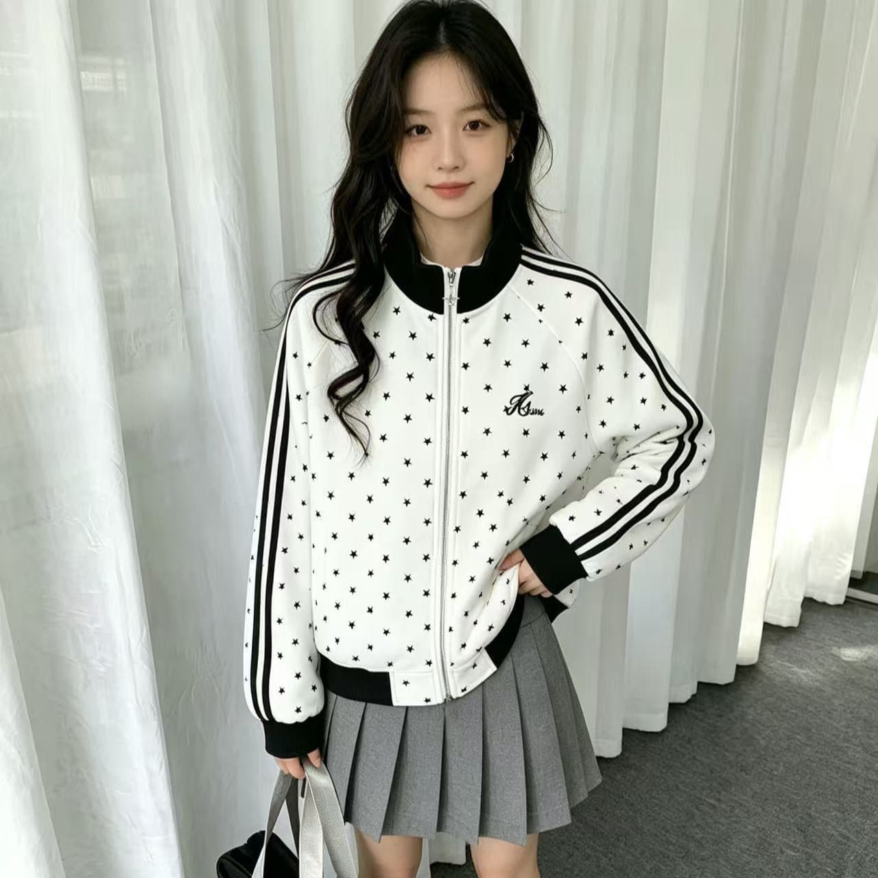 봄 가을 별 재킷 남녀 아메리칸 레트로 3개 바 루즈핏 스탠드 칼라 캐주얼 운동 재킷 커플 후드티 트렌디