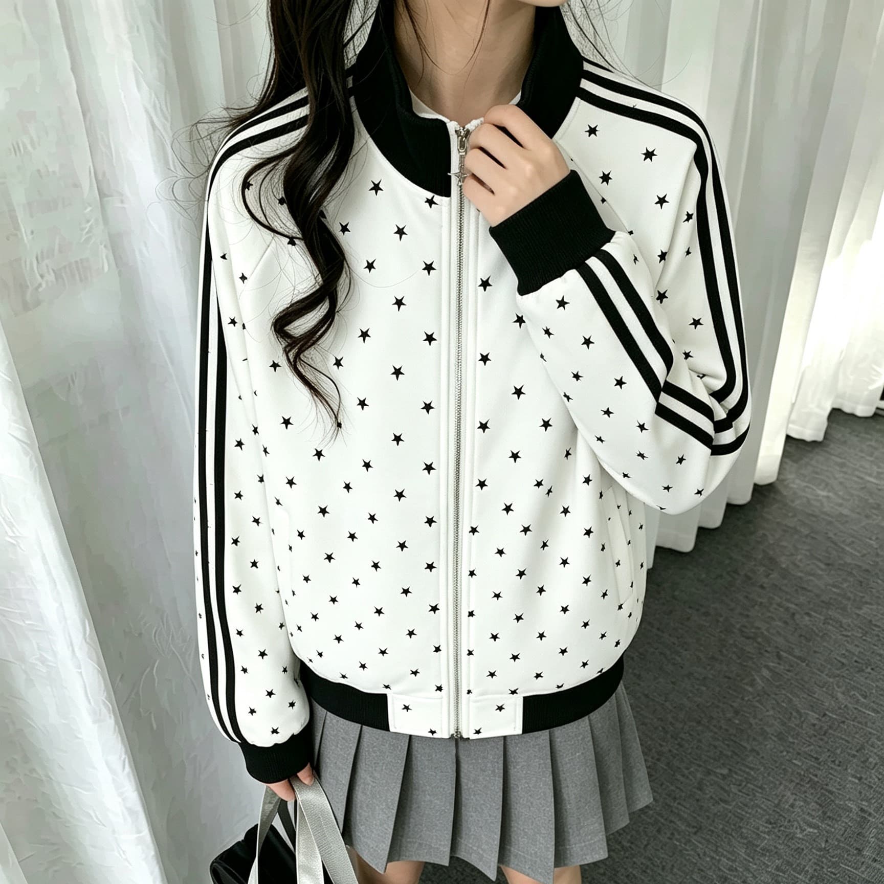 봄 가을 별 재킷 남녀 아메리칸 레트로 3개 바 루즈핏 스탠드 칼라 캐주얼 운동 재킷 커플 후드티 트렌디 이미지 2