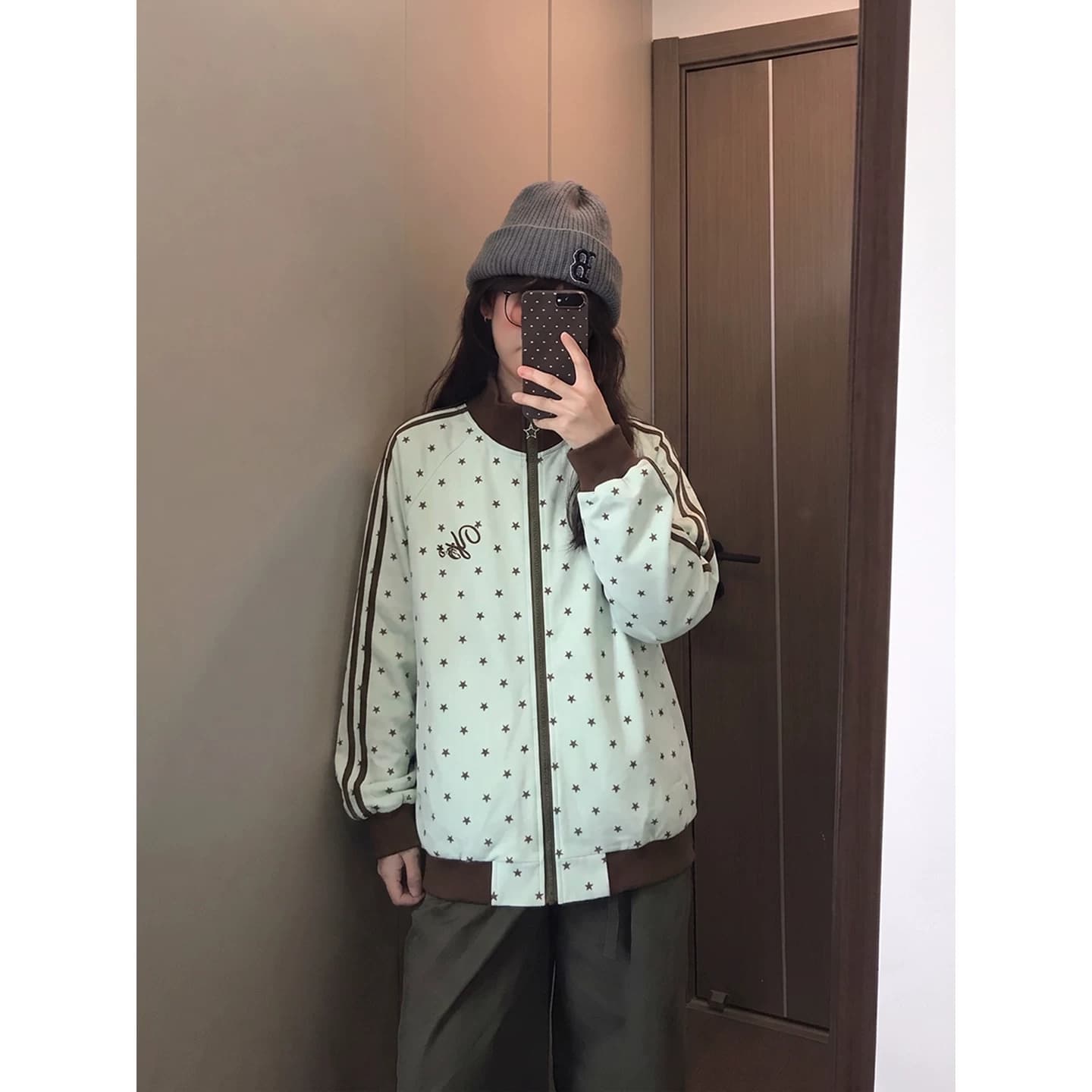 봄 가을 별 재킷 남녀 아메리칸 레트로 3개 바 루즈핏 스탠드 칼라 캐주얼 운동 재킷 커플 후드티 트렌디 상세 이미지 3