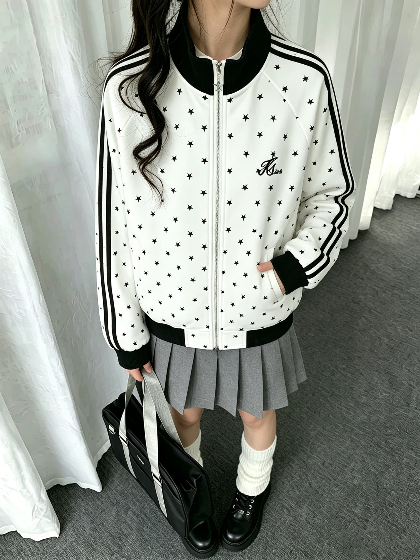 봄 가을 별 재킷 남녀 아메리칸 레트로 3개 바 루즈핏 스탠드 칼라 캐주얼 운동 재킷 커플 후드티 트렌디 상세 이미지 10