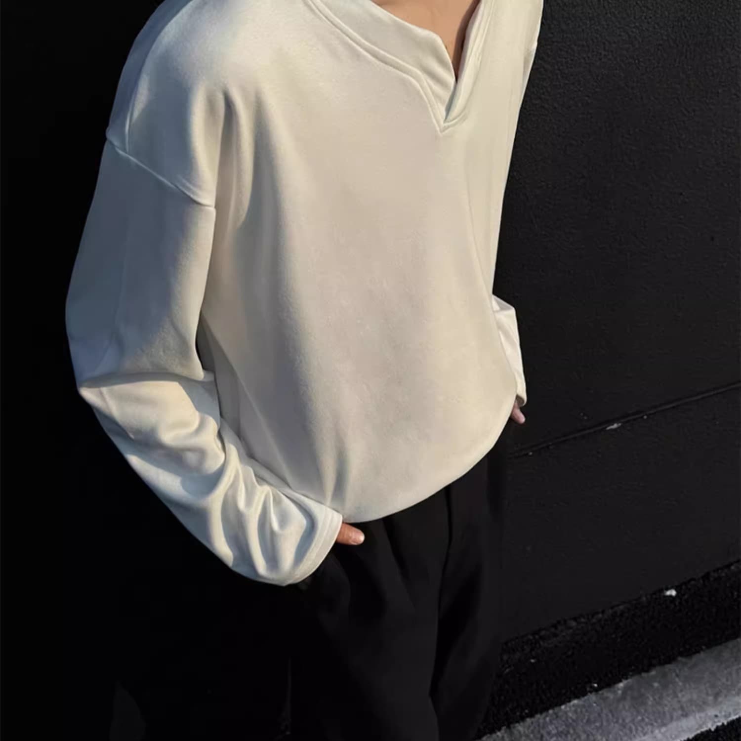 V넥 후드티 남녀 가을 겨울 두꺼운 악당 잘 생긴 De 플러시 기본 셔츠 인사이드 가져 가라. 보온 가을 의상 아메리칸 커플 긴팔 티셔츠 이미지 2