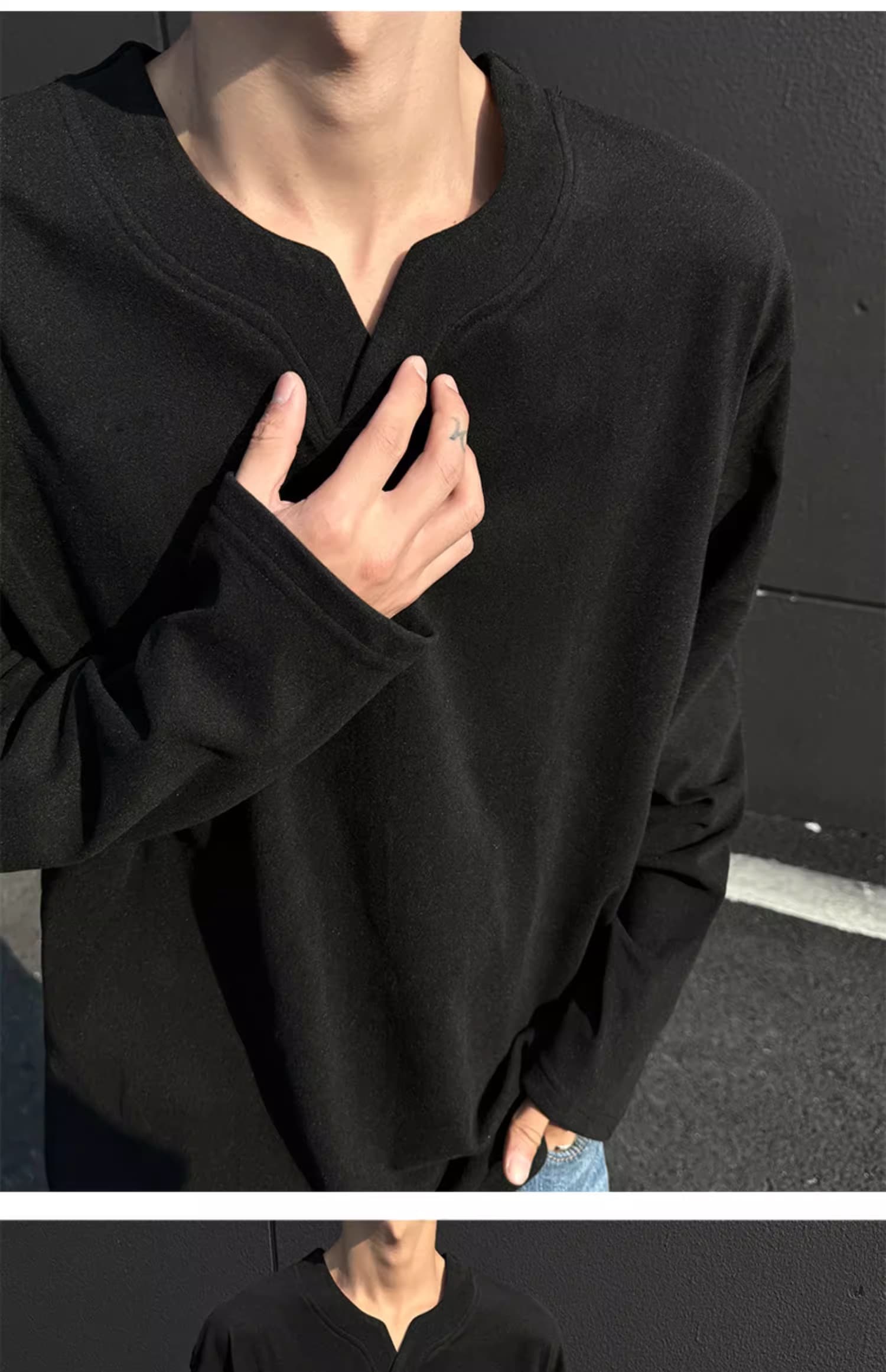 V넥 후드티 남녀 가을 겨울 두꺼운 악당 잘 생긴 De 플러시 기본 셔츠 인사이드 가져 가라. 보온 가을 의상 아메리칸 커플 긴팔 티셔츠 상세 이미지 7