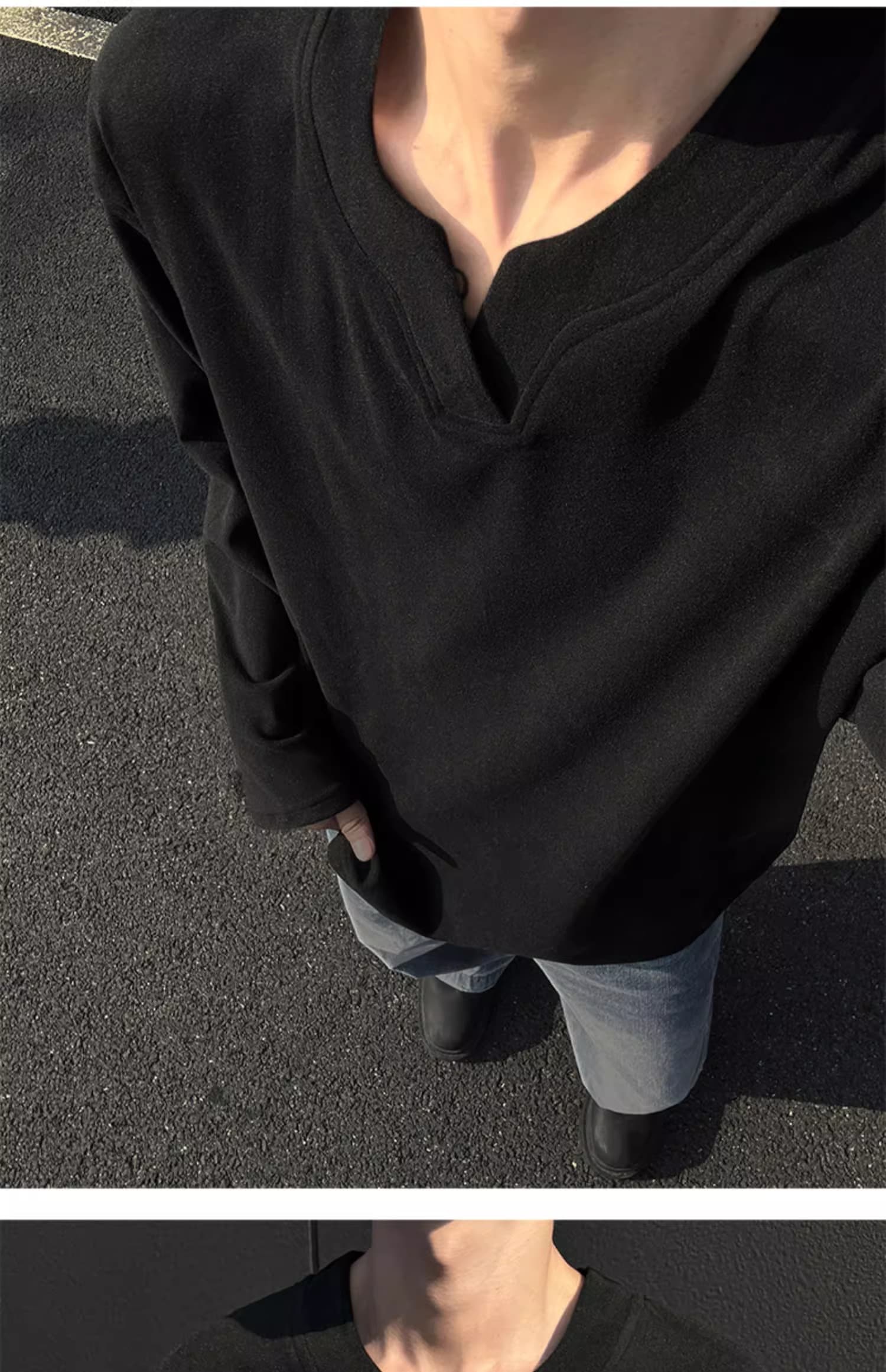 V넥 후드티 남녀 가을 겨울 두꺼운 악당 잘 생긴 De 플러시 기본 셔츠 인사이드 가져 가라. 보온 가을 의상 아메리칸 커플 긴팔 티셔츠 상세 이미지 10
