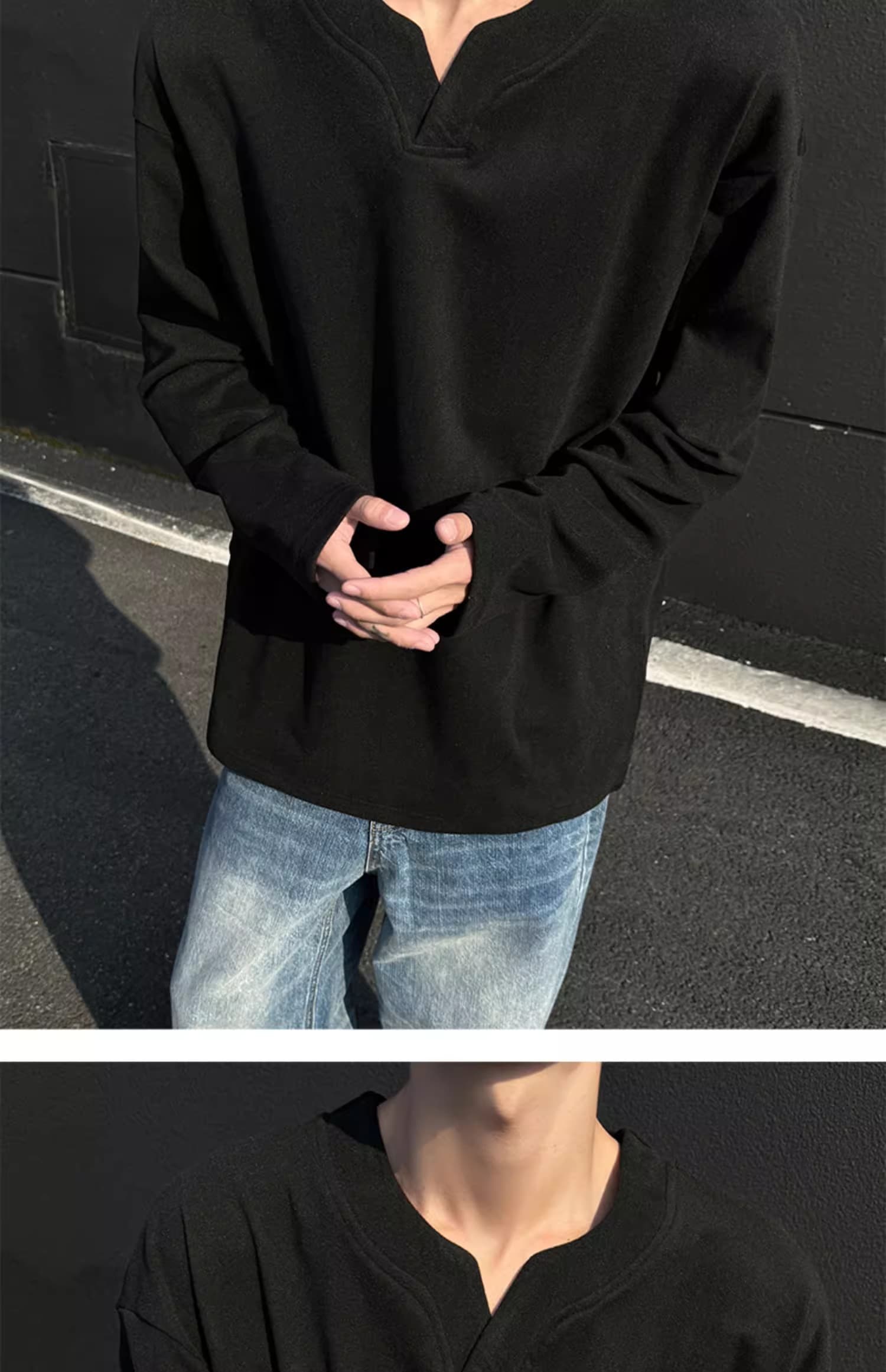 V넥 후드티 남녀 가을 겨울 두꺼운 악당 잘 생긴 De 플러시 기본 셔츠 인사이드 가져 가라. 보온 가을 의상 아메리칸 커플 긴팔 티셔츠 상세 이미지 11