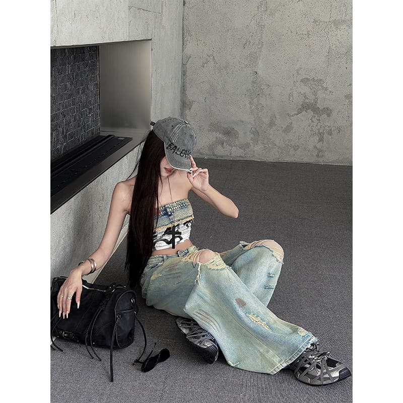 아메리칸 불모지 바람 찢어진 부분 잉글랜드 넓은 다리 청바지 남녀 봄 가을 여름 페인트 노란 진흙 염색 커플 썩은 구멍 바지 상세 이미지 1