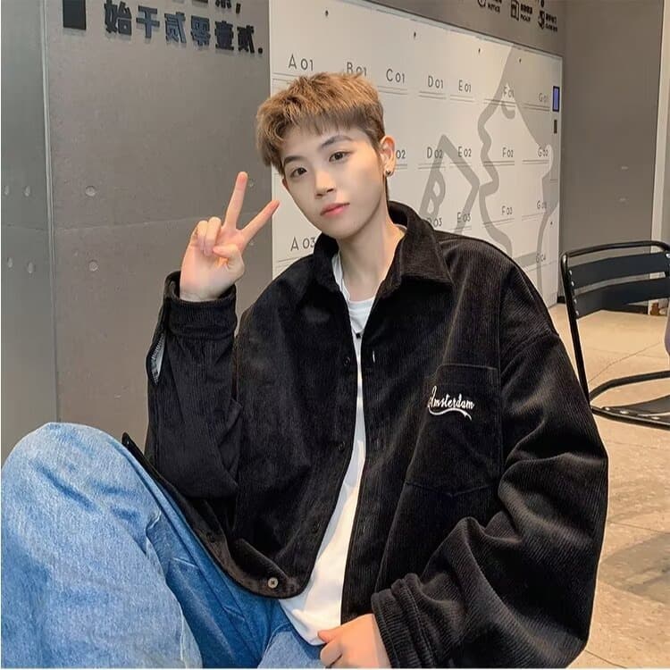 봄 가을 코듀로이 셔츠 남녀 긴팔 조수 브랜드 항구 바람 디자인 센스 셔츠 커플 악당 잘 생긴 작은 대중 루즈핏 재킷 이미지 2