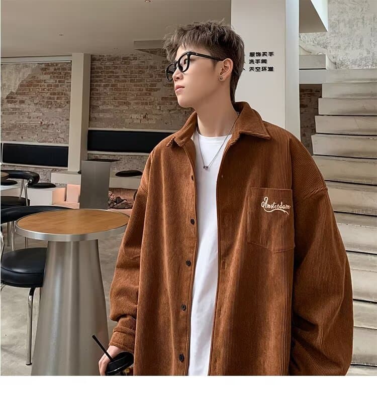 봄 가을 코듀로이 셔츠 남녀 긴팔 조수 브랜드 항구 바람 디자인 센스 셔츠 커플 악당 잘 생긴 작은 대중 루즈핏 재킷 상세 이미지 1