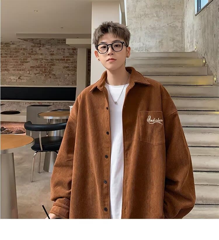 봄 가을 코듀로이 셔츠 남녀 긴팔 조수 브랜드 항구 바람 디자인 센스 셔츠 커플 악당 잘 생긴 작은 대중 루즈핏 재킷 상세 이미지 6