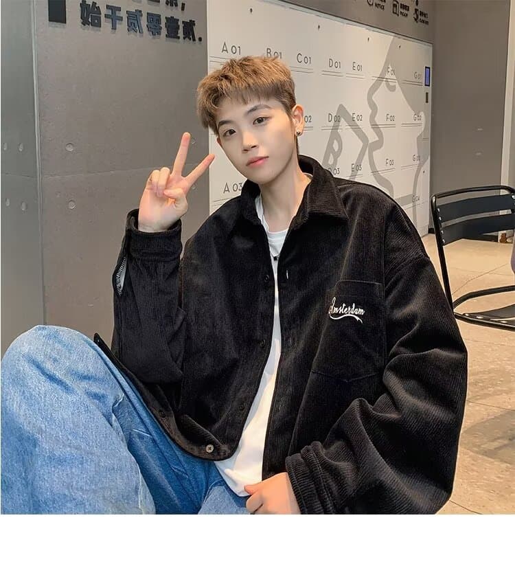 봄 가을 코듀로이 셔츠 남녀 긴팔 조수 브랜드 항구 바람 디자인 센스 셔츠 커플 악당 잘 생긴 작은 대중 루즈핏 재킷 상세 이미지 7