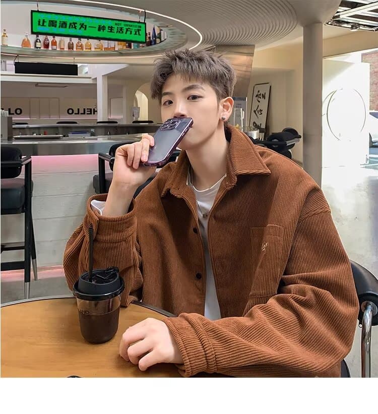 봄 가을 코듀로이 셔츠 남녀 긴팔 조수 브랜드 항구 바람 디자인 센스 셔츠 커플 악당 잘 생긴 작은 대중 루즈핏 재킷 상세 이미지 9