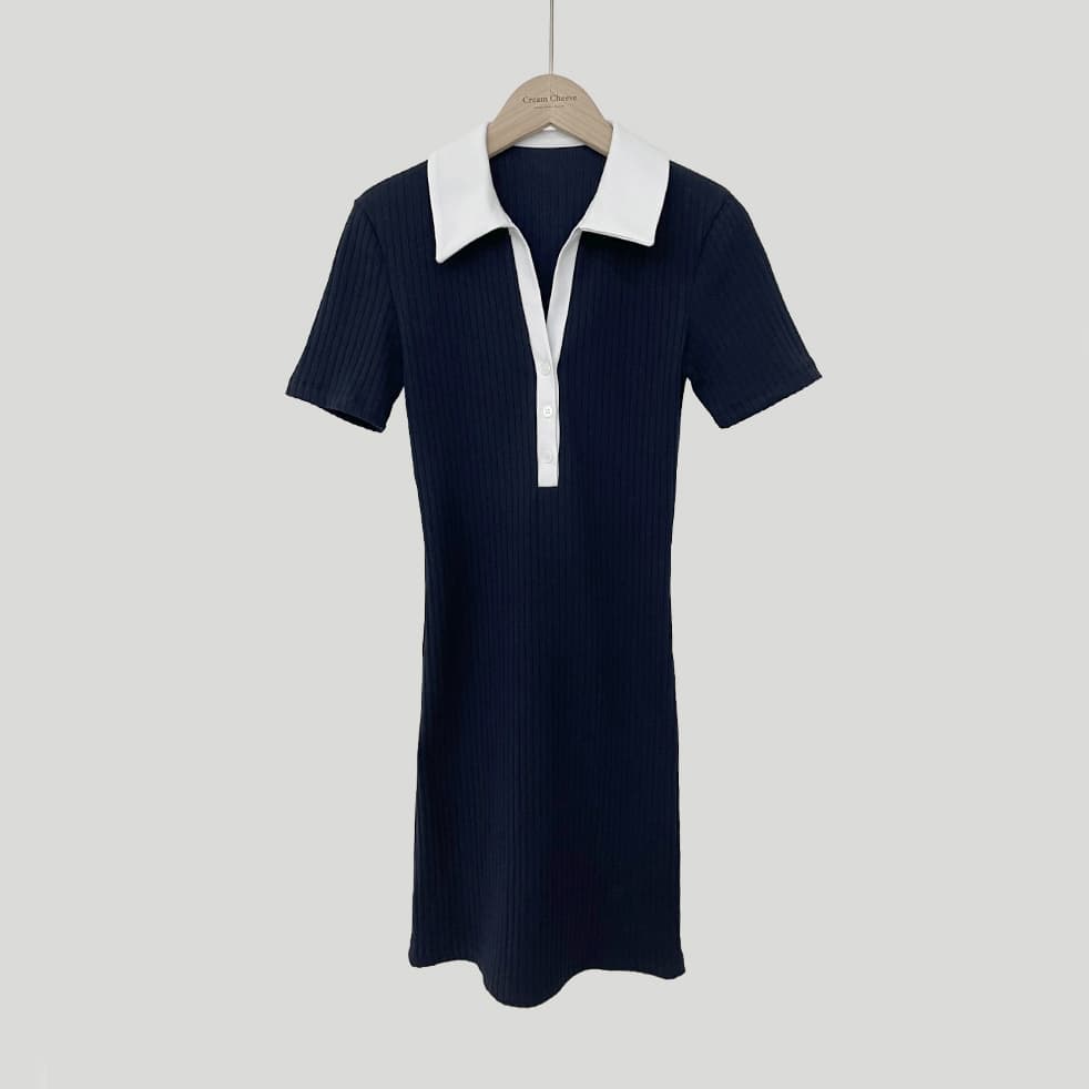 정가 한국 chic 여름 다용도 POLO 칼라 단추 니트 반팔 드레스 몸매 가꾸기 슬림해 보이는 미니 스커트 여성 이미지 5