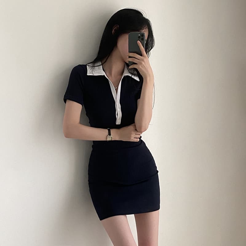 정가 한국 chic 여름 다용도 POLO 칼라 단추 니트 반팔 드레스 몸매 가꾸기 슬림해 보이는 미니 스커트 여성 이미지 3