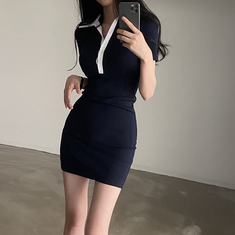 정가 한국 chic 여름 다용도 POLO 칼라 단추 니트 반팔 드레스 몸매 가꾸기 슬림해 보이는 미니 스커트 여성 상세 이미지 4