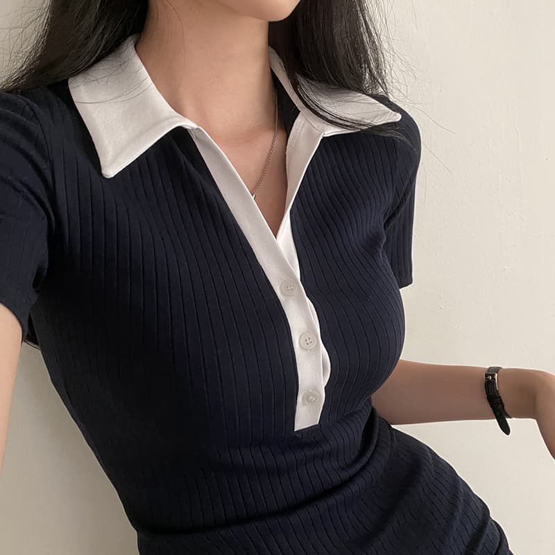 정가 한국 chic 여름 다용도 POLO 칼라 단추 니트 반팔 드레스 몸매 가꾸기 슬림해 보이는 미니 스커트 여성 상세 이미지 8