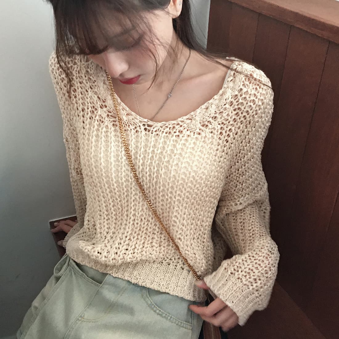 정가 한국 chic 느긋한 다용도 루즈핏 홀로우 아웃 니트 블라우스 자외선 차단 얇은 긴팔 맨위 여성 상세 이미지 8