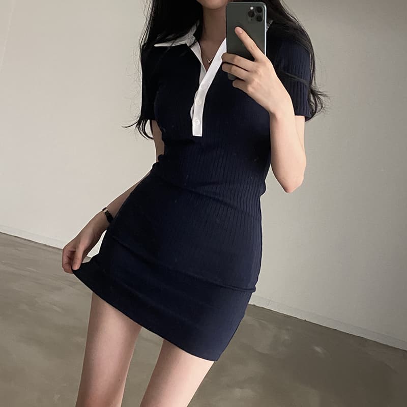 지금 재고 있음 한국 chicpolo 칼라 단추 니트 반팔 드레스 몸매 가꾸기 슬림해 보이는 미니 스커트 여성 상세 이미지 2