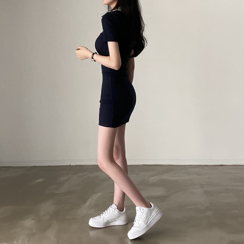 지금 재고 있음 한국 chicpolo 칼라 단추 니트 반팔 드레스 몸매 가꾸기 슬림해 보이는 미니 스커트 여성 상세 이미지 9