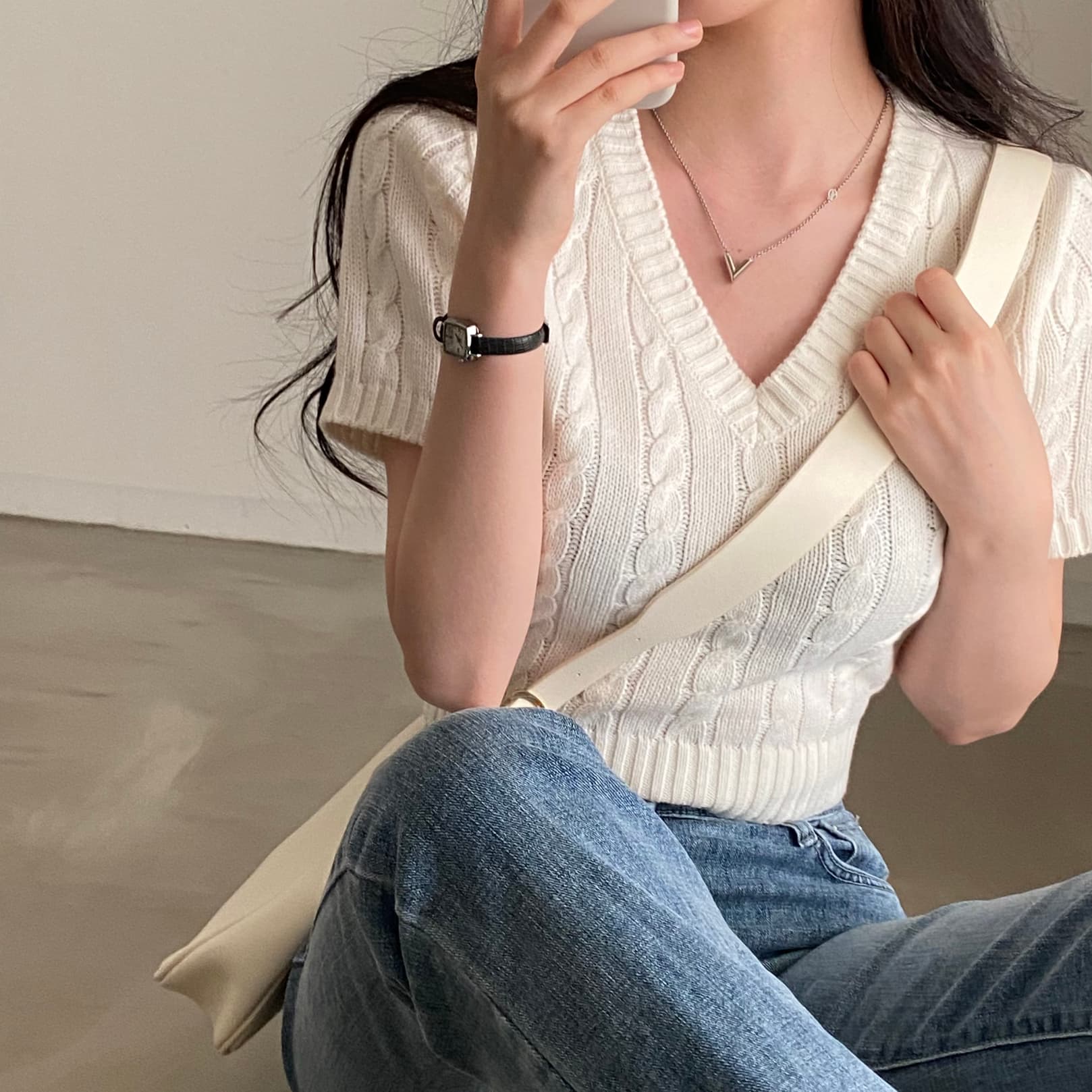 정가 한국 chic 레트로 꽈배기 다용도 V넥 몸매 가꾸기 반팔 니트 스웨터 티셔츠 맨위 여성 상세 이미지 8