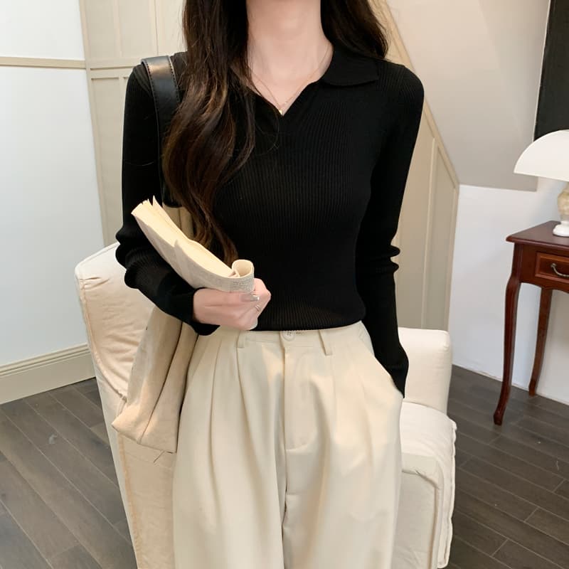 있음 선적 다용도 폴로 칼라 몸매 가꾸기 디스플레이 얇고 작은 V넥 긴팔 신축성 만나는 니트 스웨터 여성 이미지 3