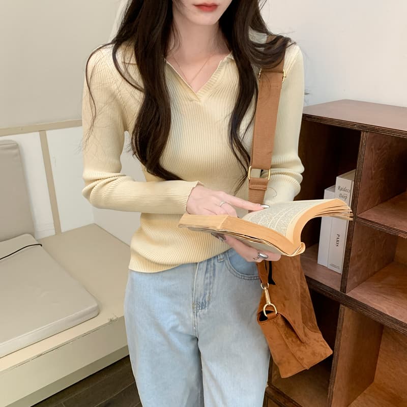있음 선적 다용도 폴로 칼라 몸매 가꾸기 디스플레이 얇고 작은 V넥 긴팔 신축성 만나는 니트 스웨터 여성 상세 이미지 9