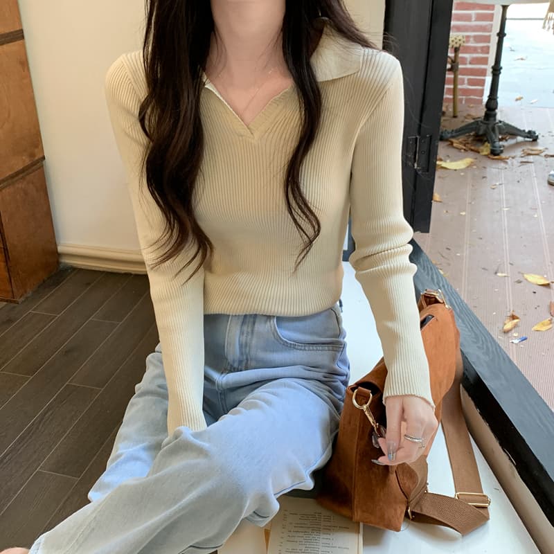 있음 선적 다용도 폴로 칼라 몸매 가꾸기 디스플레이 얇고 작은 V넥 긴팔 신축성 만나는 니트 스웨터 여성 상세 이미지 11