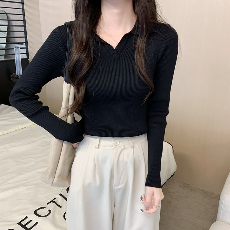 있음 선적 다용도 폴로 칼라 몸매 가꾸기 디스플레이 얇고 작은 V넥 긴팔 신축성 만나는 니트 스웨터 여성 상세 이미지 18