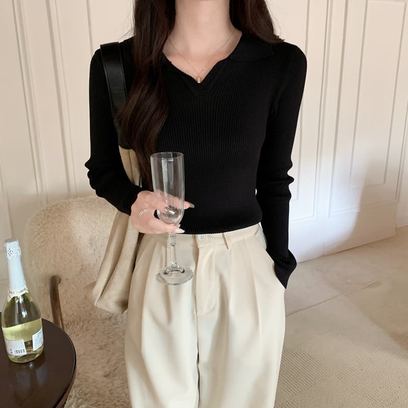 있음 선적 다용도 폴로 칼라 몸매 가꾸기 디스플레이 얇고 작은 V넥 긴팔 신축성 만나는 니트 스웨터 여성 상세 이미지 19