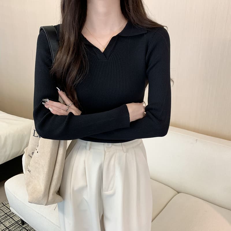 있음 선적 다용도 폴로 칼라 몸매 가꾸기 디스플레이 얇고 작은 V넥 긴팔 신축성 만나는 니트 스웨터 여성 상세 이미지 21