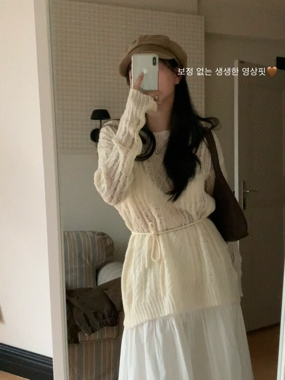 있음 선적 한국 chic 다용도 레트로 꽈배기 얇은 스웨터 중간 길이 긴팔 허리 수축 니트 맨위 여성 상세 이미지 16