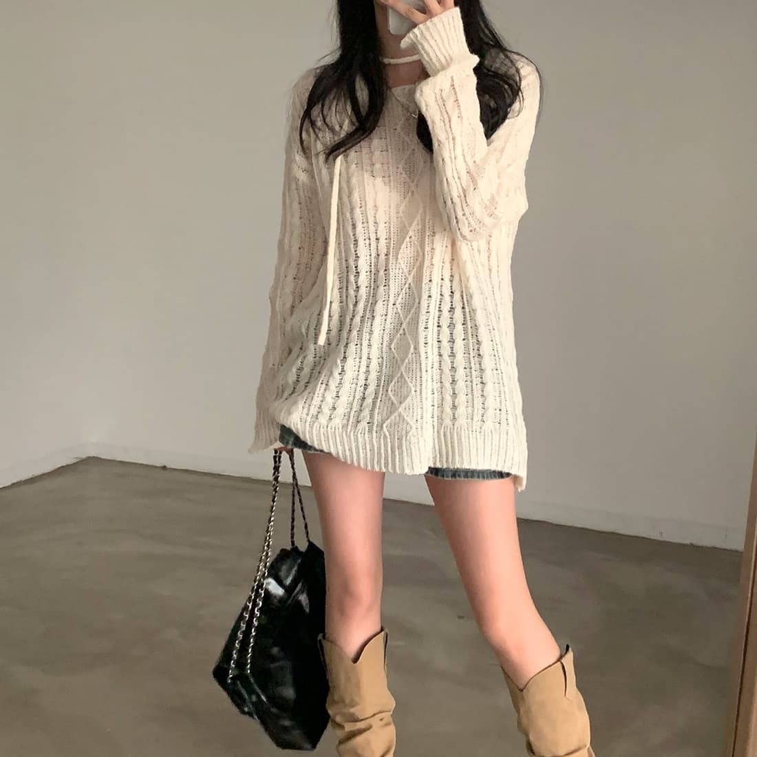 있음 선적 한국 chic 다용도 레트로 꽈배기 얇은 스웨터 중간 길이 긴팔 허리 수축 니트 맨위 여성 상세 이미지 18