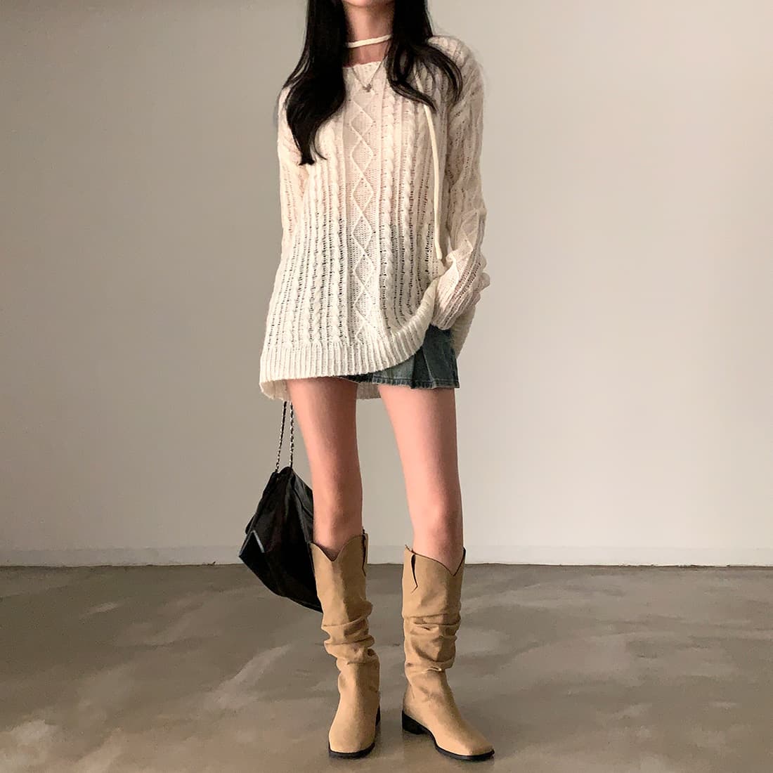 있음 선적 한국 chic 다용도 레트로 꽈배기 얇은 스웨터 중간 길이 긴팔 허리 수축 니트 맨위 여성 상세 이미지 19