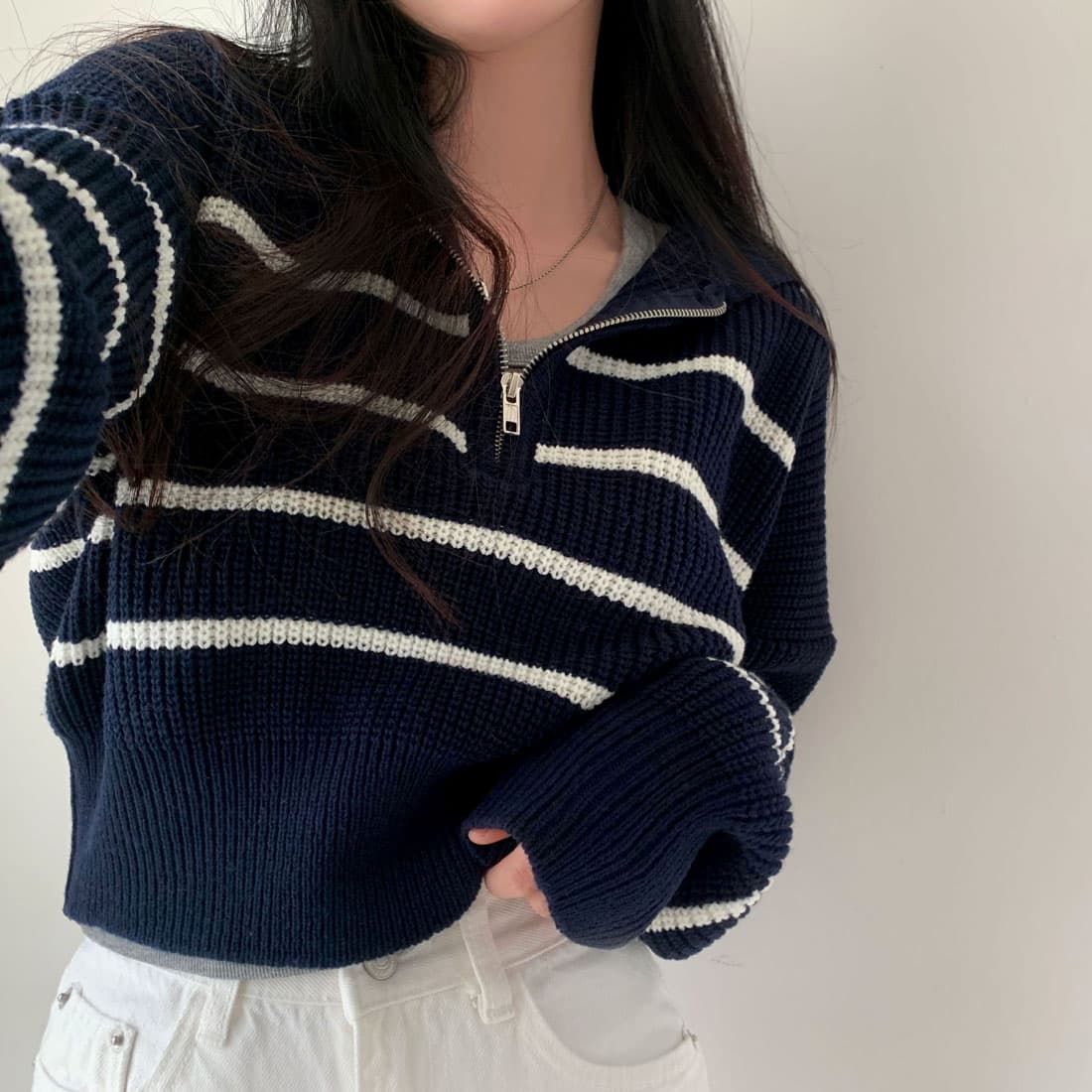 있음 선적 한국 chic 느긋한 스트라이프 폴로 칼라 하프 오픈 가디건 지퍼 풀오버 스웨터 여자 상세 이미지 7