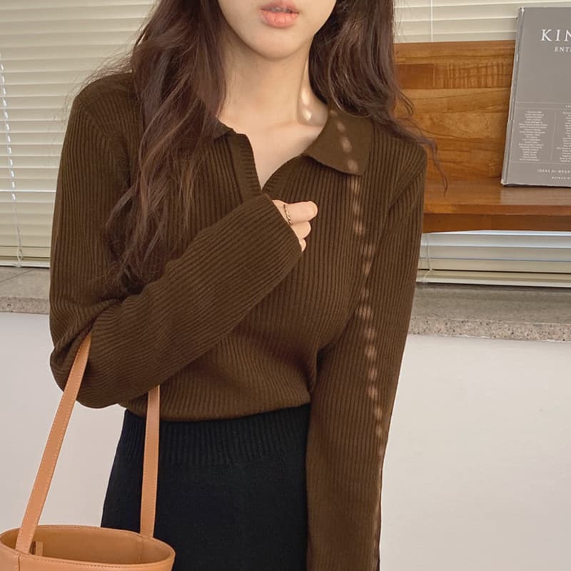 있음 선적 한국 chic 품격 폴로 칼라 작은 V넥 몸매 가꾸기 슬림해 보이는 긴팔 신축성 만나는 니트 스웨터 여성 이미지 5