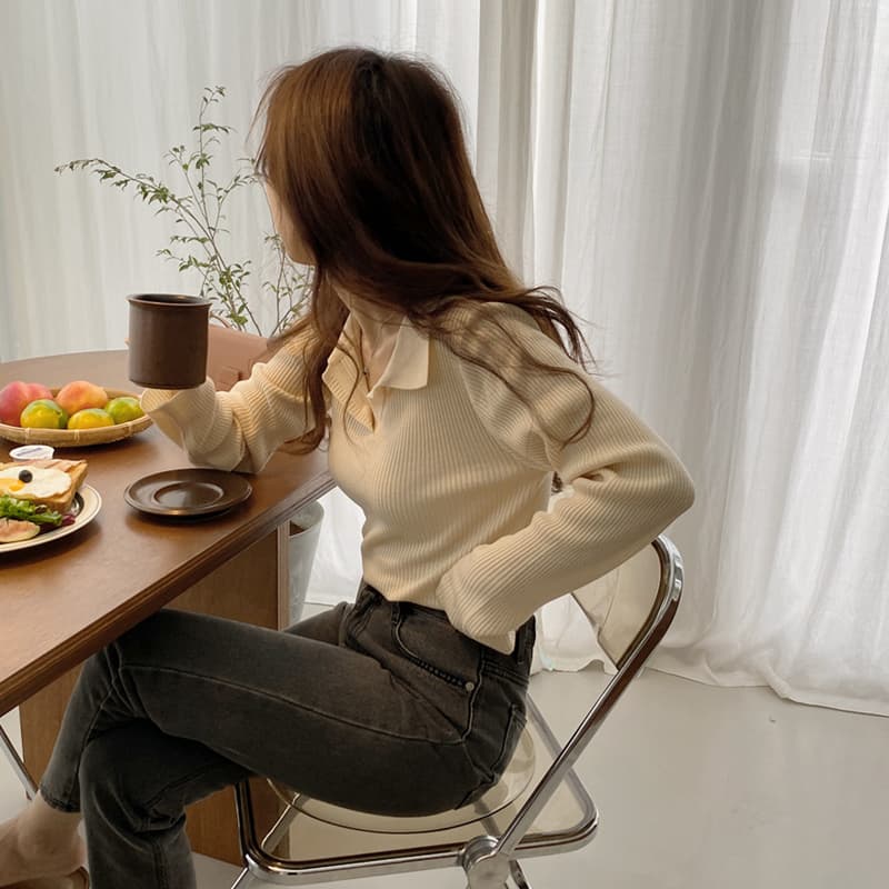 있음 선적 한국 chic 품격 폴로 칼라 작은 V넥 몸매 가꾸기 슬림해 보이는 긴팔 신축성 만나는 니트 스웨터 여성 상세 이미지 26