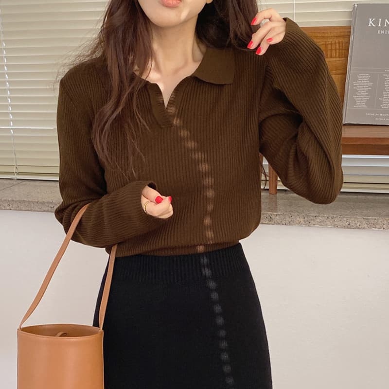 있음 선적 한국 chic 품격 폴로 칼라 작은 V넥 몸매 가꾸기 슬림해 보이는 긴팔 신축성 만나는 니트 스웨터 여성 상세 이미지 31