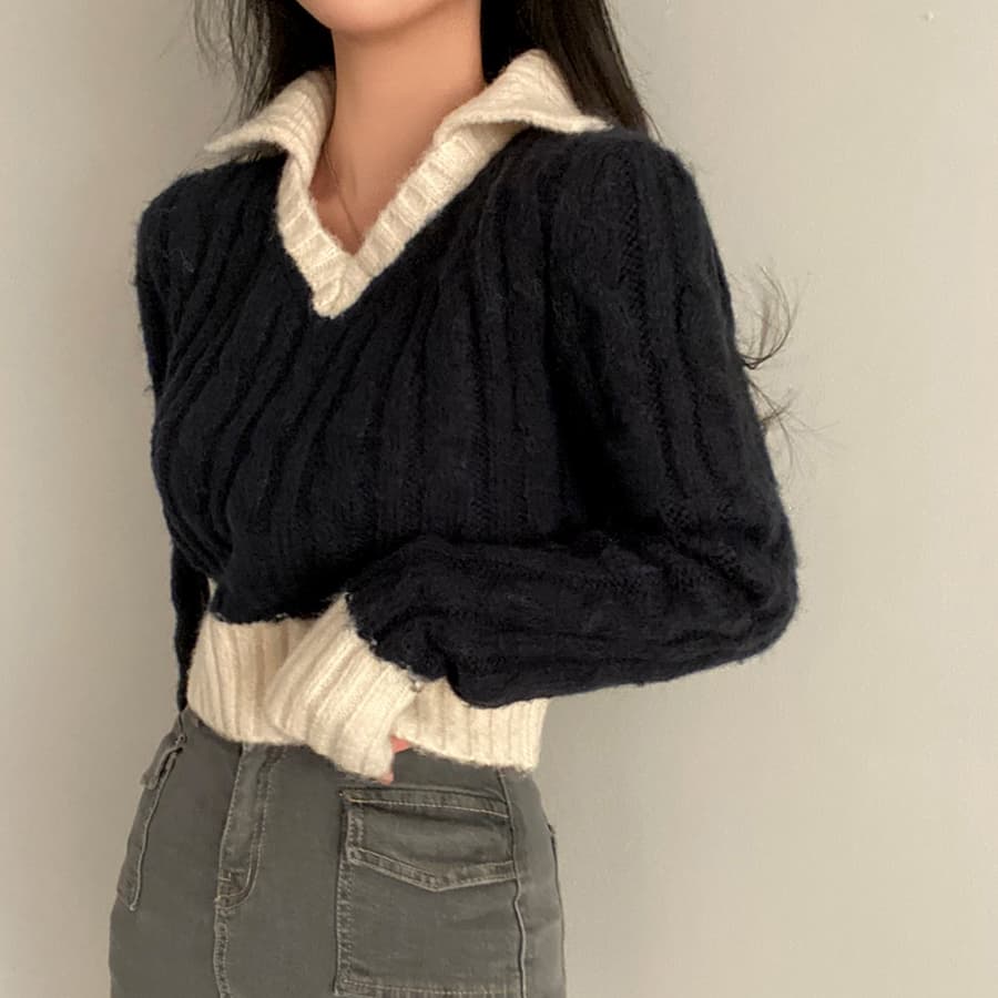 있음 선적 한국 chic 배색 폴로 칼라 레트로 꽈배기 쇼트 스타일 스웨터 긴팔 V넥 니트 스웨터 여자 상세 이미지 3