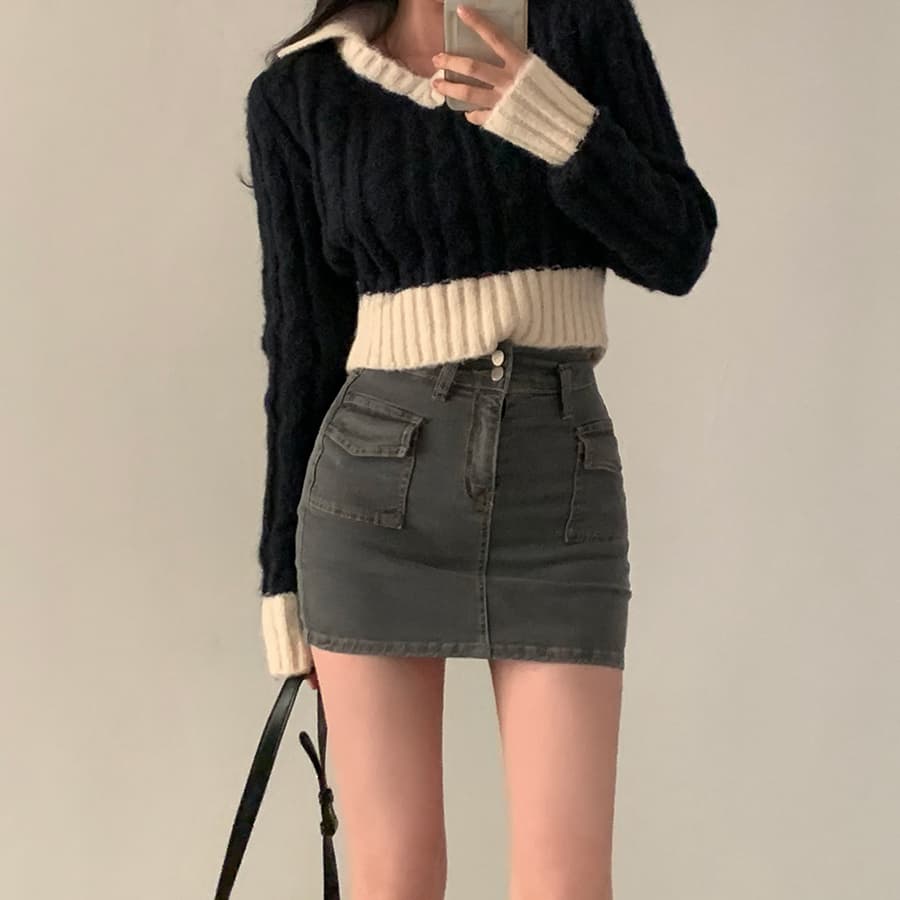있음 선적 한국 chic 배색 폴로 칼라 레트로 꽈배기 쇼트 스타일 스웨터 긴팔 V넥 니트 스웨터 여자 상세 이미지 6